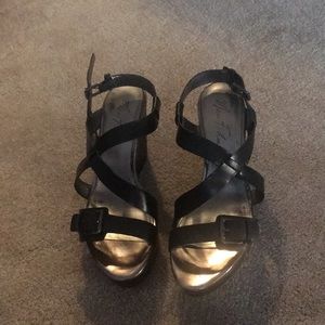 Marc Fisher Black Leather Strap Sandal Wedges -10M